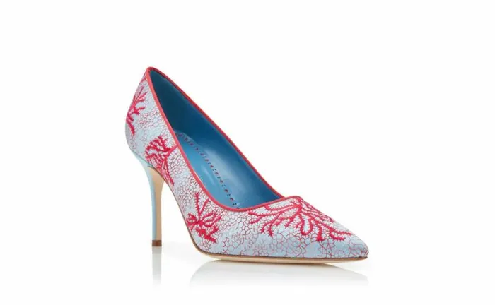 Women Light Blue And Red Satin Embroidered Pumps Manolo Blahnik Pumps