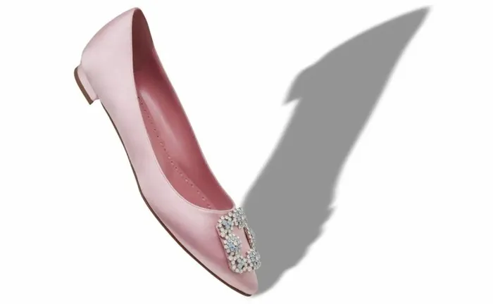 Women Light Pink Satin Jewel Buckle Flat Pumps Manolo Blahnik Flats
