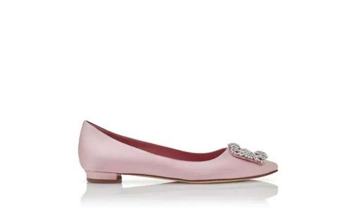 Women Light Pink Satin Jewel Buckle Flat Pumps Manolo Blahnik Flats