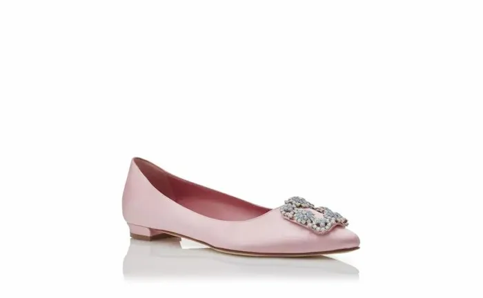 Women Light Pink Satin Jewel Buckle Flat Pumps Manolo Blahnik Flats