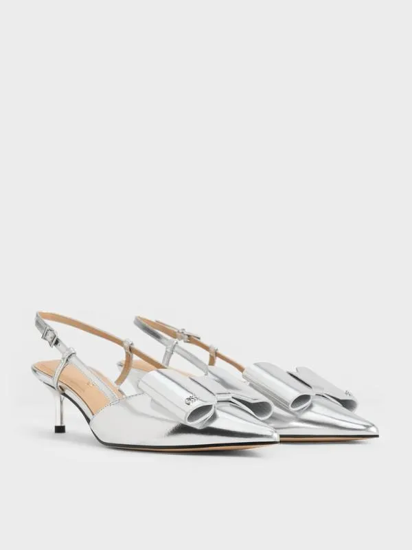 Women Lu Metallic Leather Bow Slingback Pumps 8211 Silver CHARLES and KEITH Heels