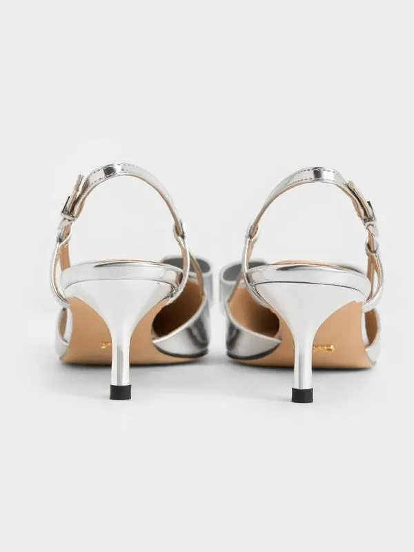 Women Lu Metallic Leather Bow Slingback Pumps 8211 Silver CHARLES and KEITH Heels