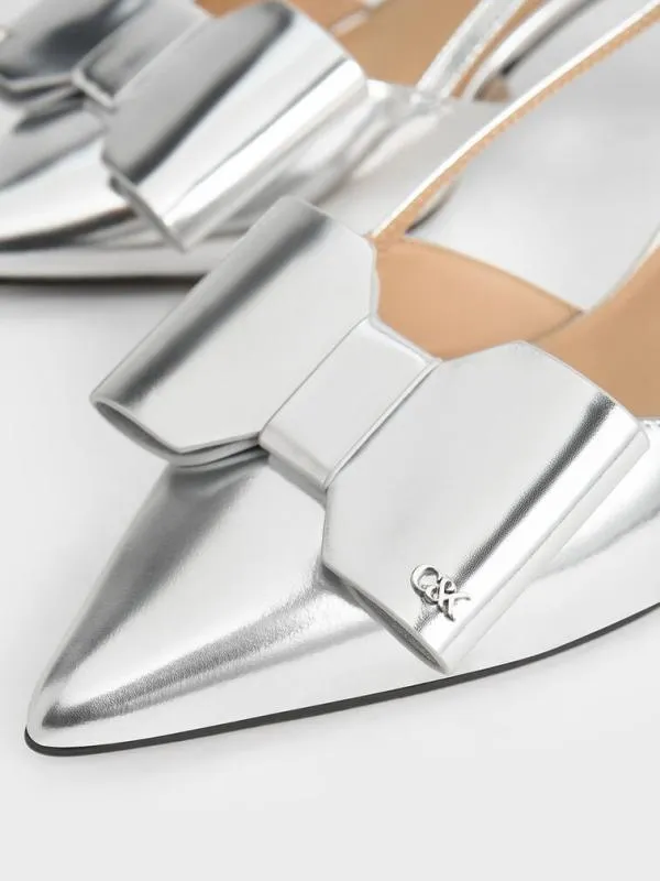 Women Lu Metallic Leather Bow Slingback Pumps 8211 Silver CHARLES and KEITH Heels