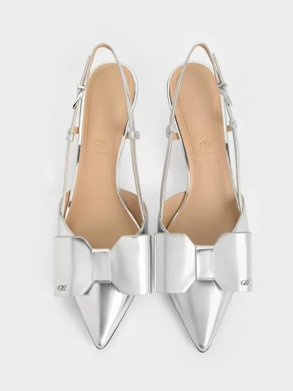 Women Lu Metallic Leather Bow Slingback Pumps 8211 Silver CHARLES and KEITH Heels