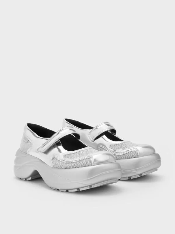 Women Metallic Curved Platform Mary Jane Sneakers 8211 Silver CHARLES and KEITH Sneakers