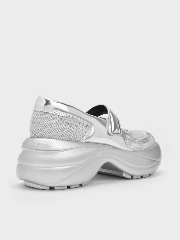 Women Metallic Curved Platform Mary Jane Sneakers 8211 Silver CHARLES and KEITH Sneakers