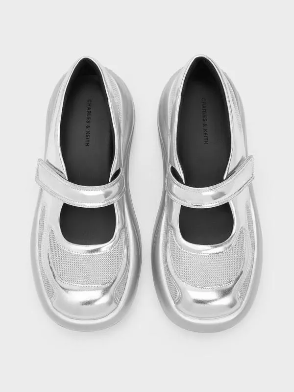 Women Metallic Curved Platform Mary Jane Sneakers 8211 Silver CHARLES and KEITH Sneakers