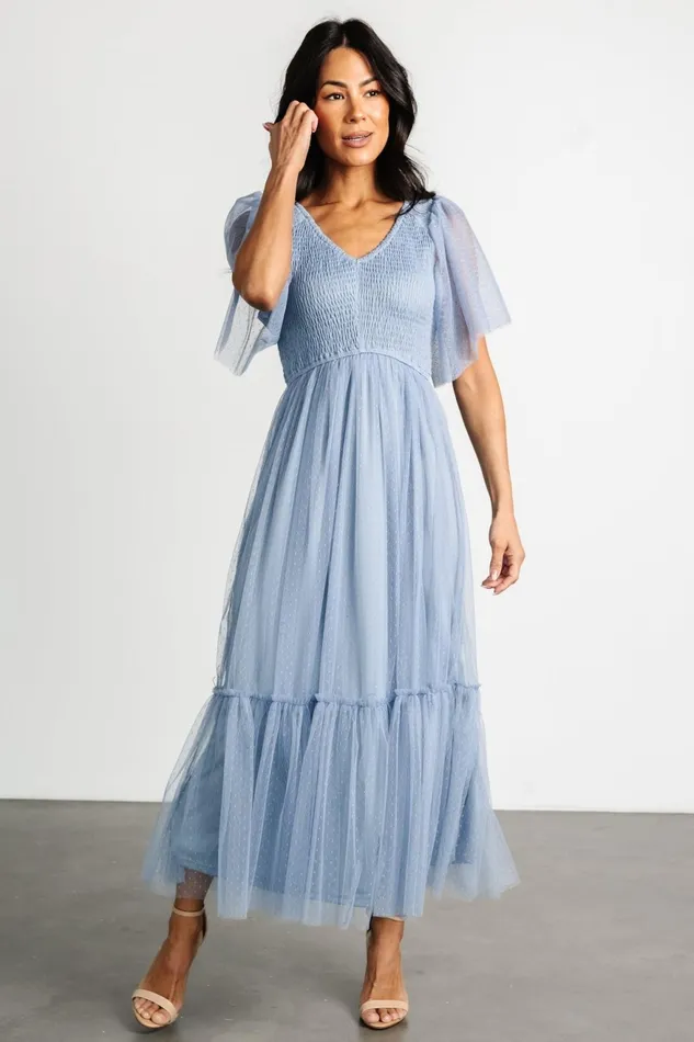 Women Midi Dresses Baltic Born Martha Smocked Tulle Dress Dusty Blue Women Midi Dresses Baltic Born Martha Smocked Tulle Dress Dusty Blue
