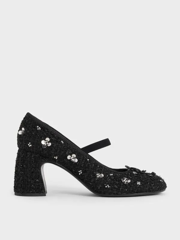 Women Mino Tweed SequinFlower Mary Jane Pumps 8211 Black Textured CHARLES and KEITH Heels Women Mino Tweed SequinFlower Mary Jane Pumps 8211 Black Textured CHARLES and KEITH Heels