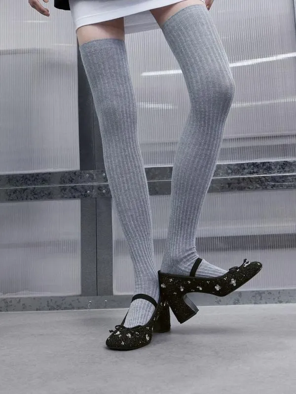 Women Mino Tweed SequinFlower Mary Jane Pumps 8211 Black Textured CHARLES and KEITH Heels