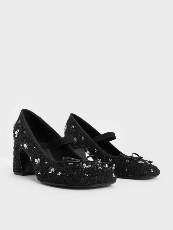 Women Mino Tweed SequinFlower Mary Jane Pumps 8211 Black Textured CHARLES and KEITH Heels