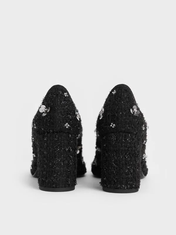 Women Mino Tweed SequinFlower Mary Jane Pumps 8211 Black Textured CHARLES and KEITH Heels