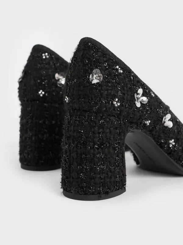 Women Mino Tweed SequinFlower Mary Jane Pumps 8211 Black Textured CHARLES and KEITH Heels