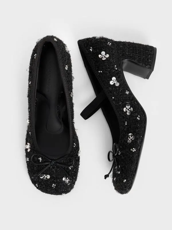 Women Mino Tweed SequinFlower Mary Jane Pumps 8211 Black Textured CHARLES and KEITH Heels