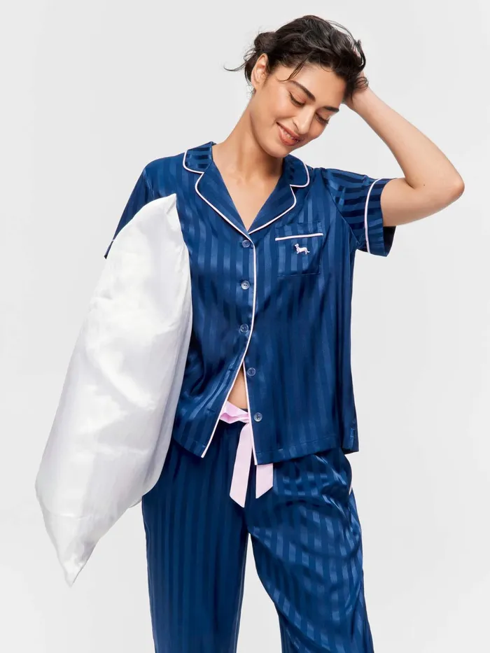 Women Navy Stripe Chic Satin Short Sleeve and Pant Pj Set Navy Stripe Peter Alexander Satin Women Navy Stripe Chic Satin Short Sleeve and Pant Pj Set Navy Stripe Peter Alexander Satin