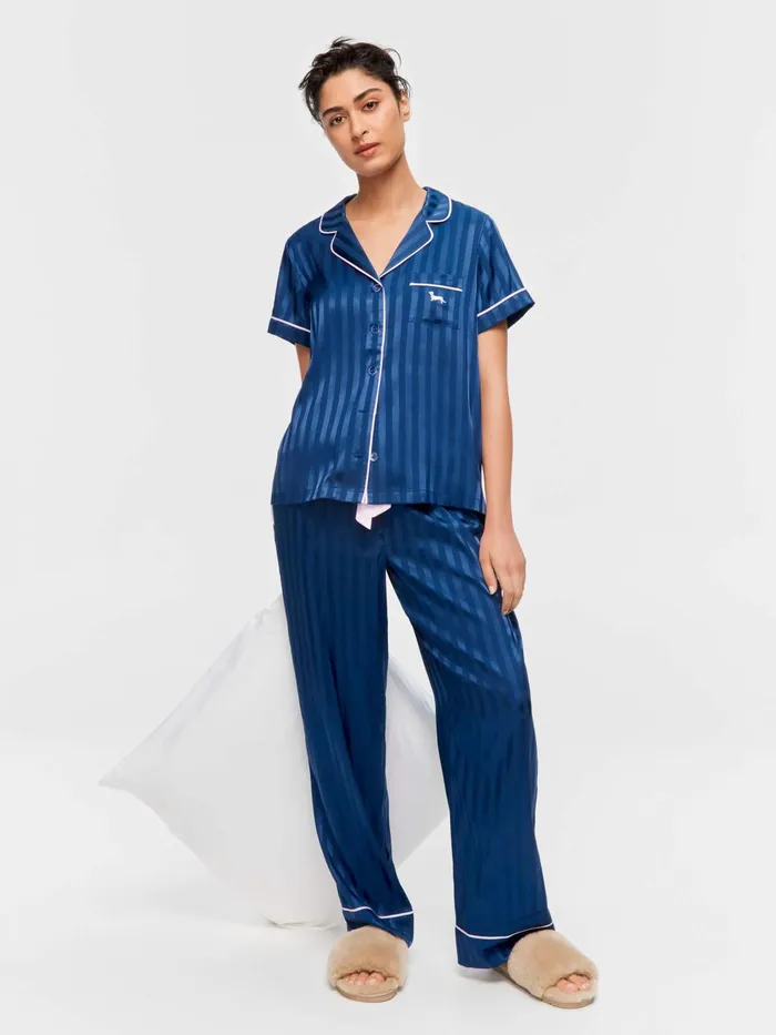 Women Navy Stripe Chic Satin Short Sleeve and Pant Pj Set Navy Stripe Peter Alexander Satin