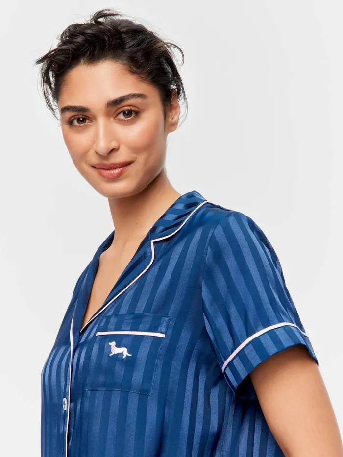 Women Navy Stripe Chic Satin Short Sleeve and Pant Pj Set Navy Stripe Peter Alexander Satin
