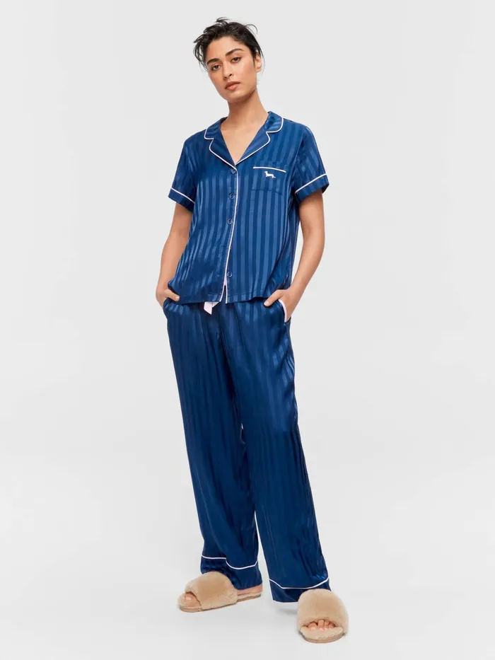 Women Navy Stripe Chic Satin Short Sleeve and Pant Pj Set Navy Stripe Peter Alexander Satin