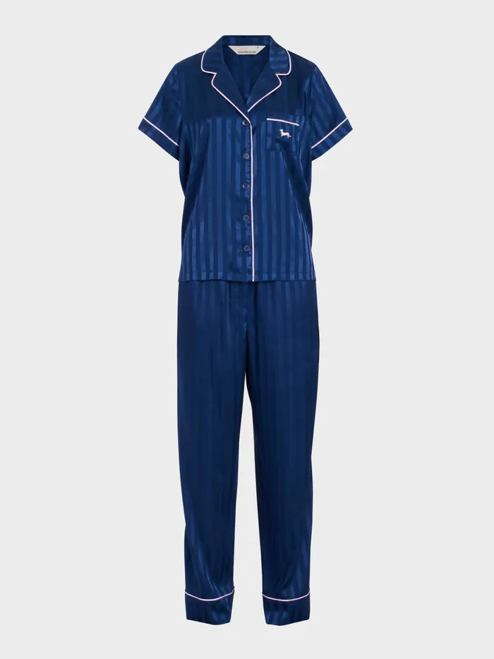 Women Navy Stripe Chic Satin Short Sleeve and Pant Pj Set Navy Stripe Peter Alexander Satin