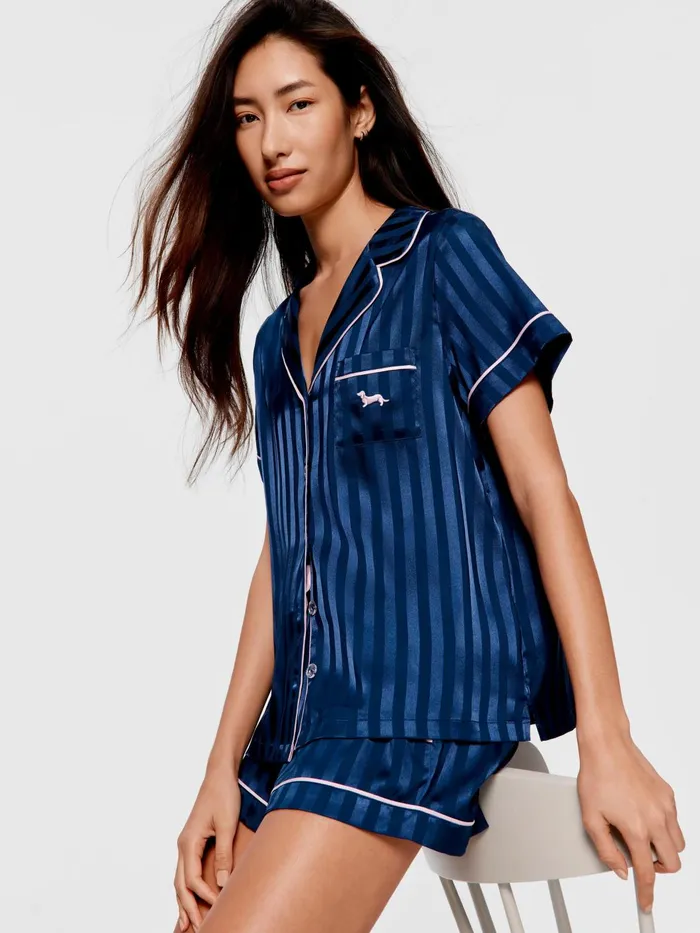 Women Navy Stripe Chic Satin Shortie Pj Set Navy Stripe Peter Alexander Sets and Onesies Women Navy Stripe Chic Satin Shortie Pj Set Navy Stripe Peter Alexander Sets and Onesies