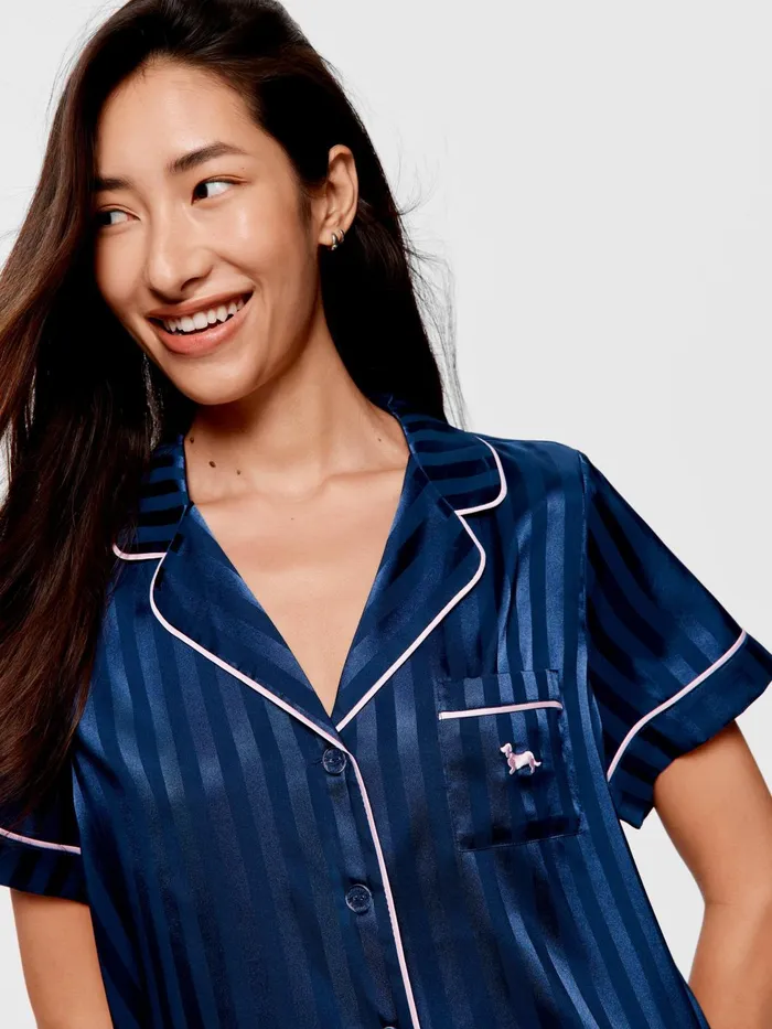 Women Navy Stripe Chic Satin Shortie Pj Set Navy Stripe Peter Alexander Sets and Onesies