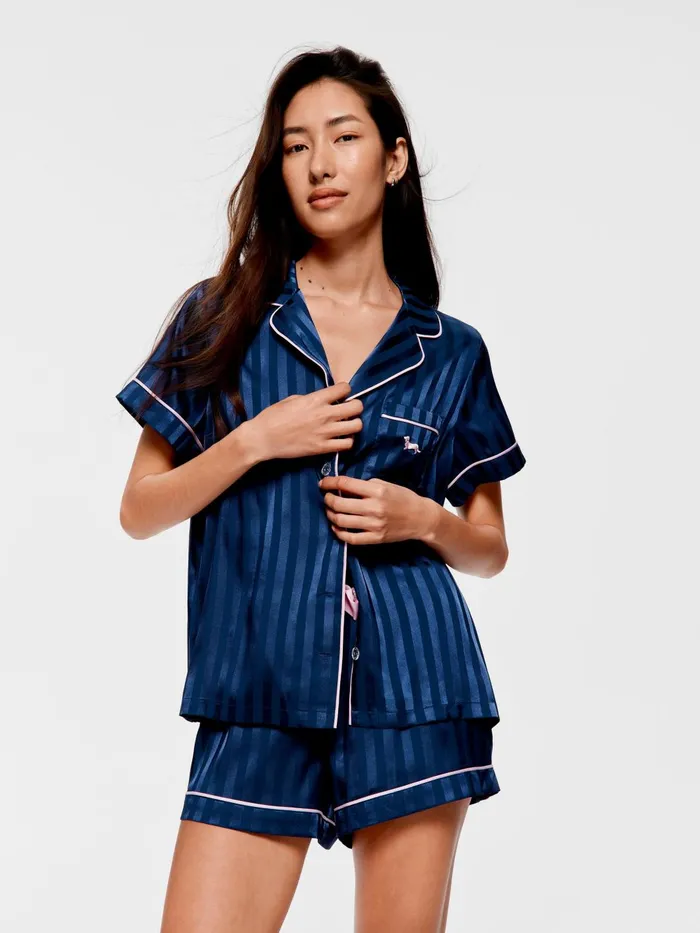 Women Navy Stripe Chic Satin Shortie Pj Set Navy Stripe Peter Alexander Sets and Onesies