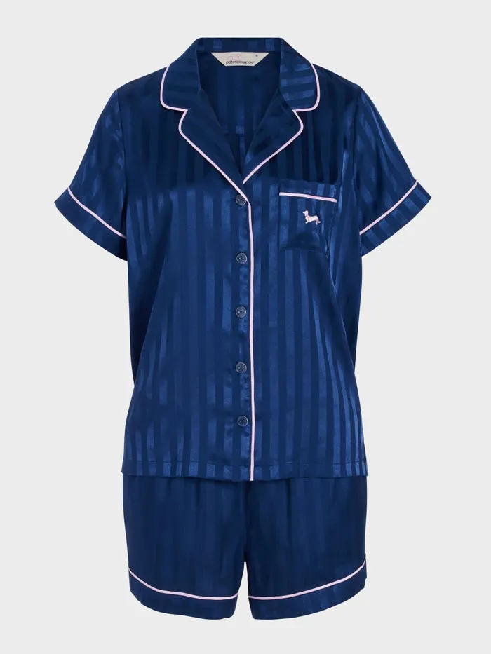 Women Navy Stripe Chic Satin Shortie Pj Set Navy Stripe Peter Alexander Sets and Onesies