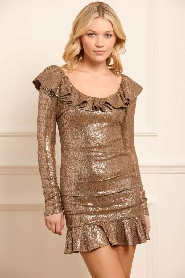 Women Needle and Thread Camille Long Sleeve Micro Mini Dress Brown