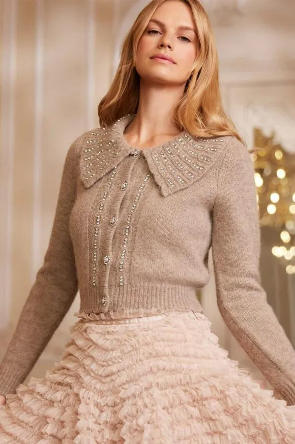 Women Needle and Thread Embellished Collar Short Cardigan Beige