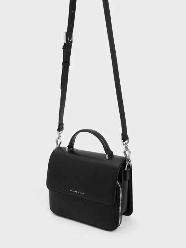 Women Octavia Front Flap Top Handle Bag 8211 Noir CHARLES and KEITH Crossbody Bags