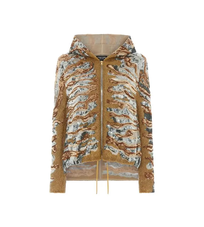 Women Outerwear Tom Ford Zebra Sequins Embroidery On Tulle Hoodie Gold Silver Women Outerwear Tom Ford Zebra Sequins Embroidery On Tulle Hoodie Gold Silver
