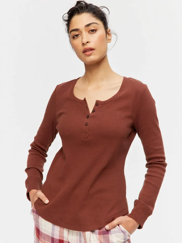 Women PA Classic Rib Henley Grey Marle Peter Alexander Classic Tops
