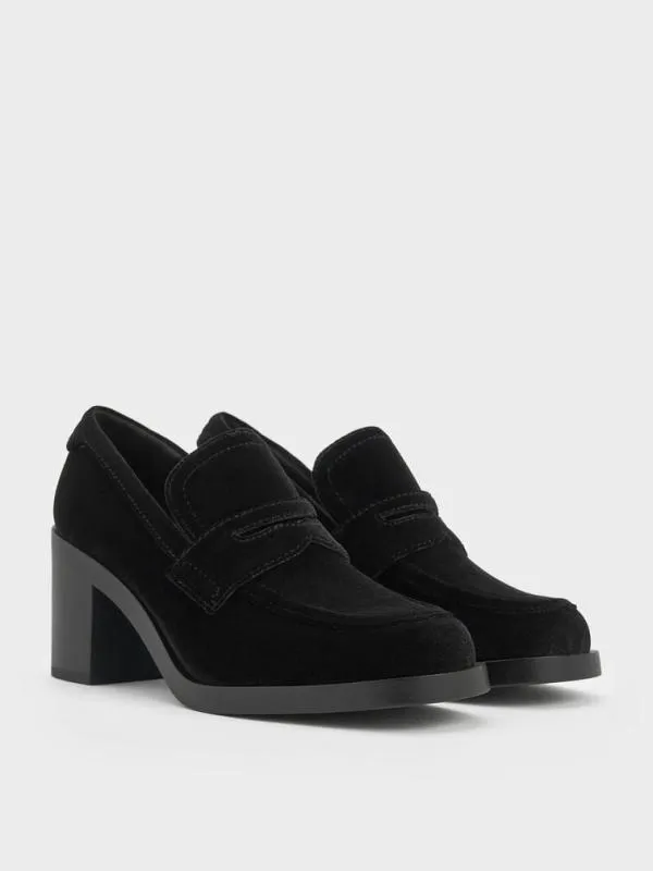Women Penny Loafer BlockHeel Pumps 8211 Black Textured CHARLES and KEITH Heels