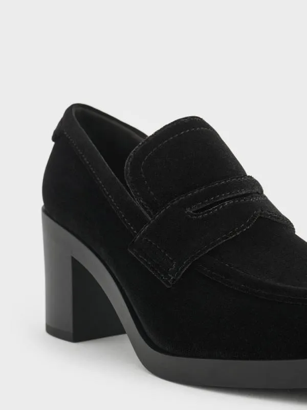 Women Penny Loafer BlockHeel Pumps 8211 Black Textured CHARLES and KEITH Heels