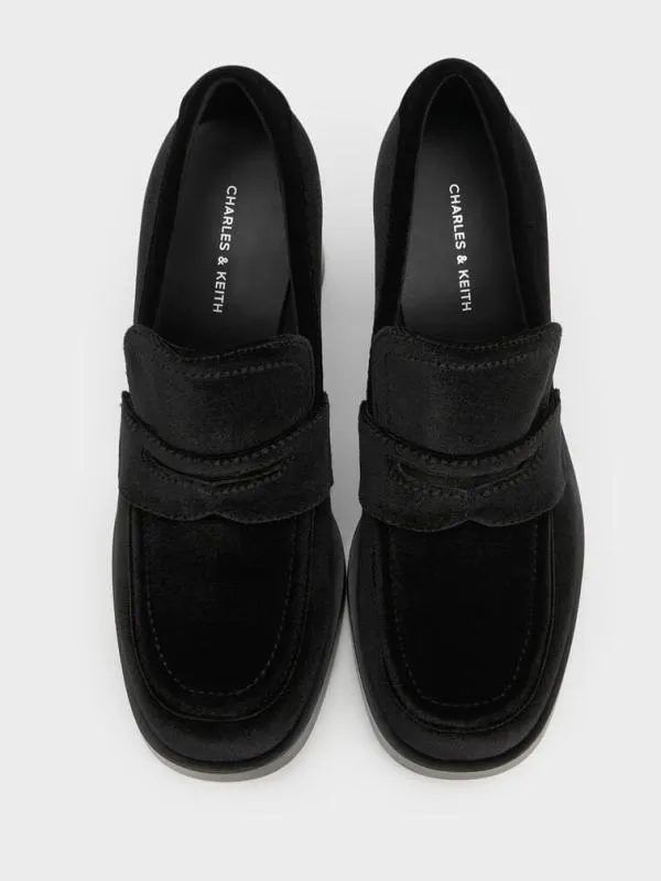 Women Penny Loafer BlockHeel Pumps 8211 Black Textured CHARLES and KEITH Heels