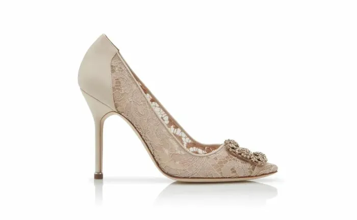 Women Pink Champagne Lace Jewel Buckle Pumps Manolo Blahnik Pumps