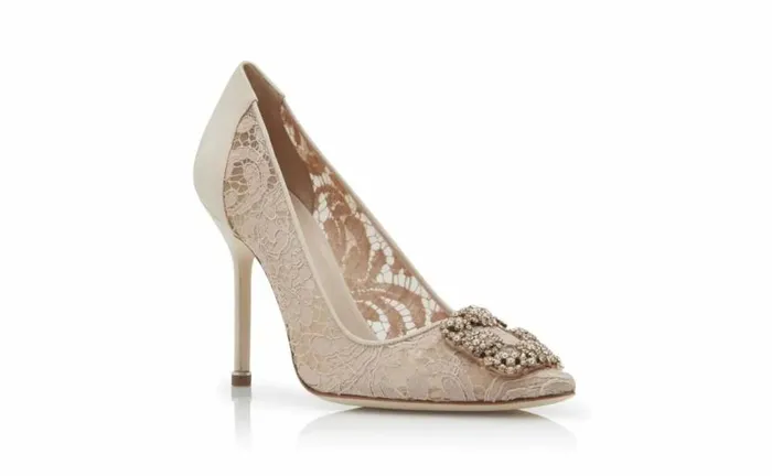 Women Pink Champagne Lace Jewel Buckle Pumps Manolo Blahnik Pumps