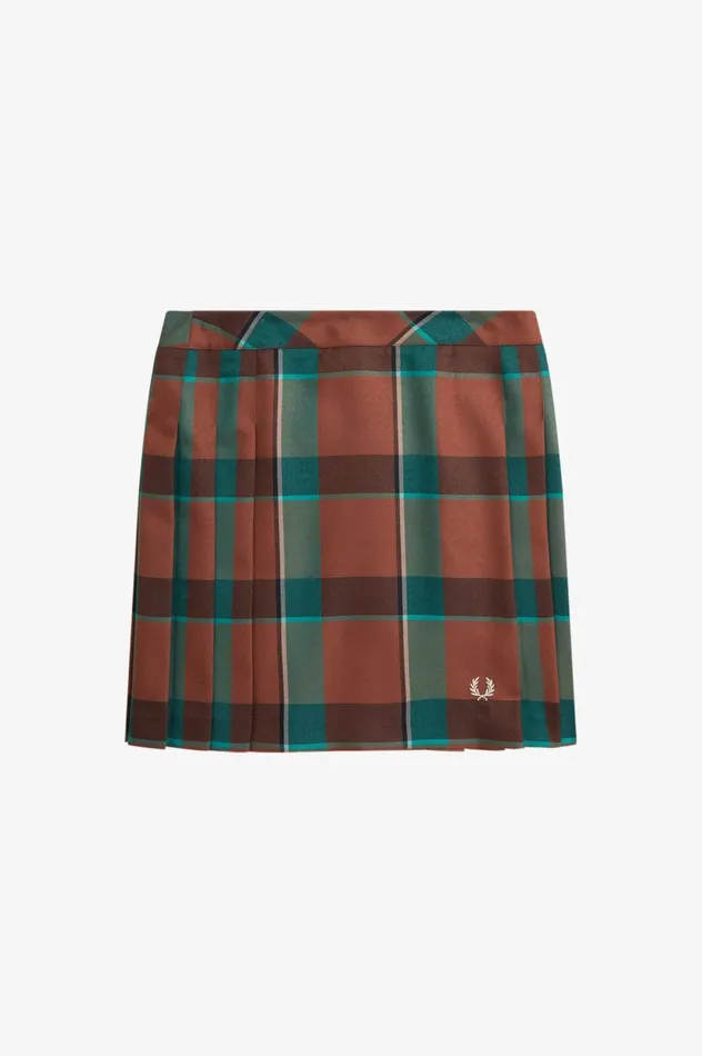 Women Pleated Tartan Skirt Whisky Brown Fred Perry Trousers and Skirts