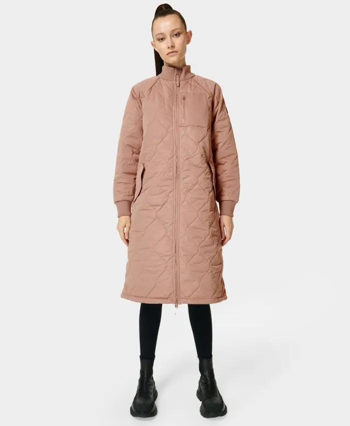 Women Quilted Longline Coat Chateau Pink Sweaty Betty Coats and Jackets