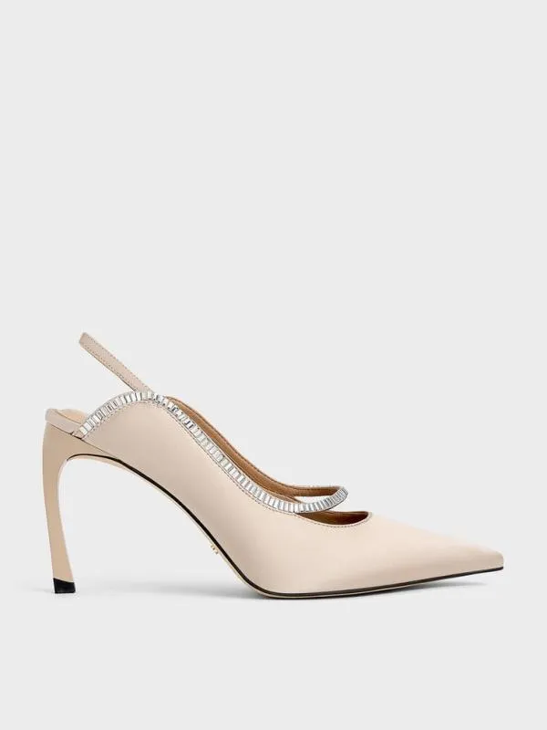 Women Recycled Polyester CrystalEmbellished PointedToe Slingback Pumps 8211 Champagne CHARLES and KEITH Heels