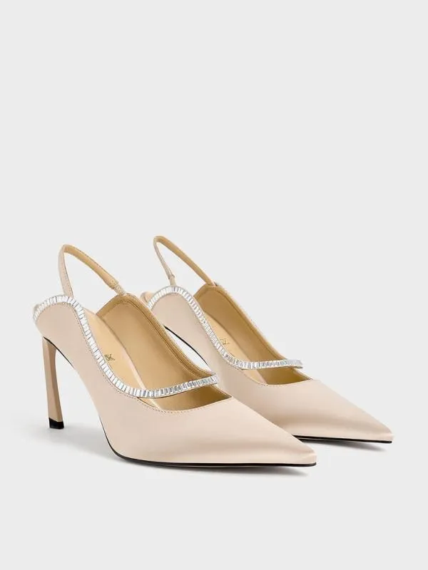 Women Recycled Polyester CrystalEmbellished PointedToe Slingback Pumps 8211 Champagne CHARLES and KEITH Heels