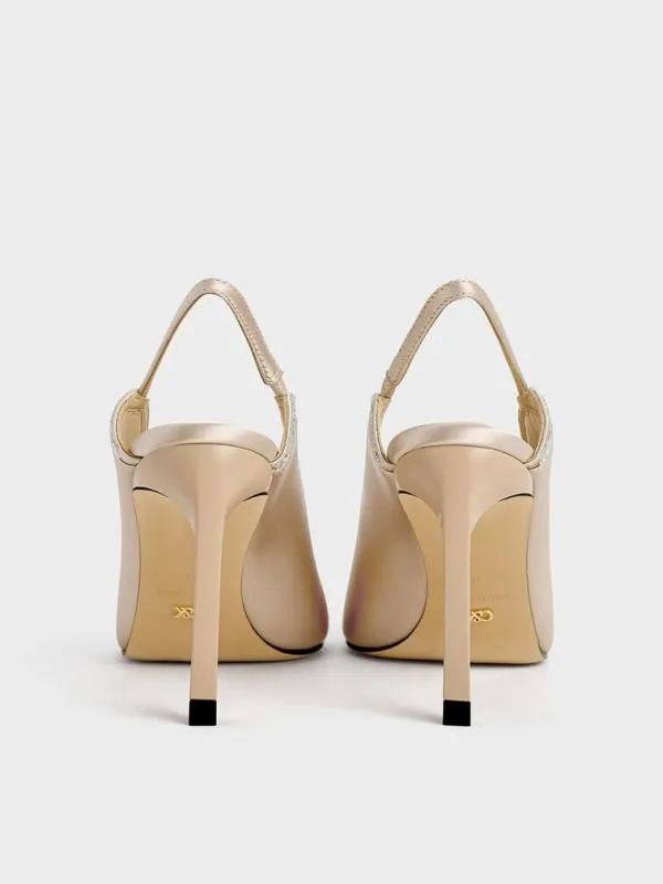 Women Recycled Polyester CrystalEmbellished PointedToe Slingback Pumps 8211 Champagne CHARLES and KEITH Heels