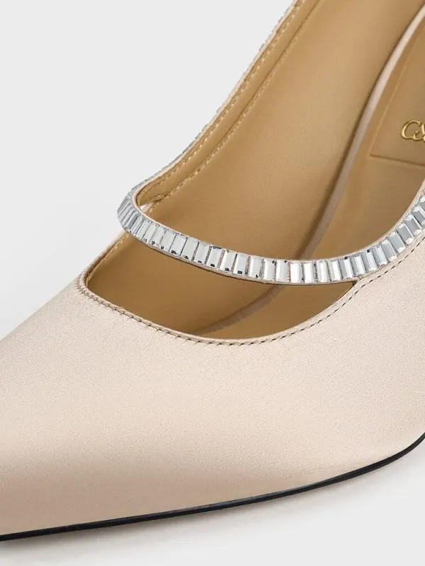 Women Recycled Polyester CrystalEmbellished PointedToe Slingback Pumps 8211 Champagne CHARLES and KEITH Heels