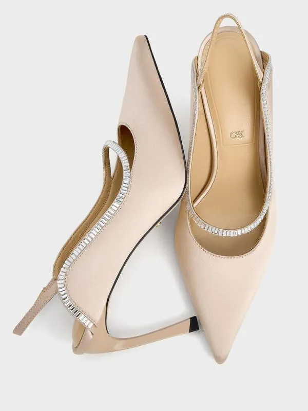 Women Recycled Polyester CrystalEmbellished PointedToe Slingback Pumps 8211 Champagne CHARLES and KEITH Heels