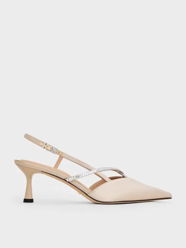 Women Recycled Polyester CrystalEmbellished Slingback Pumps 8211 Champagne CHARLES and KEITH Heels Women Recycled Polyester CrystalEmbellished Slingback Pumps 8211 Champagne CHARLES and KEITH Heels