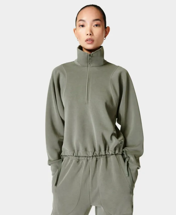 Women Sand Wash Half Zip Sweatshirt Shadow Green Sweaty Betty Jumpers Hoodies
