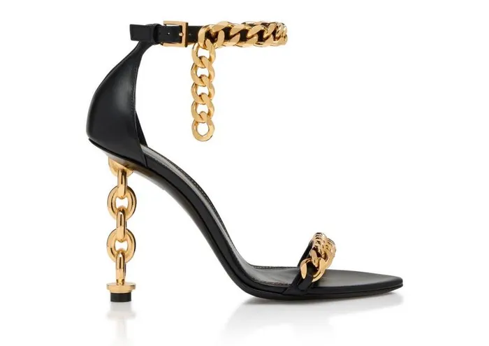 Women Sandals Tom Ford Leather Chain Heel Ankle Strap Sandal Black