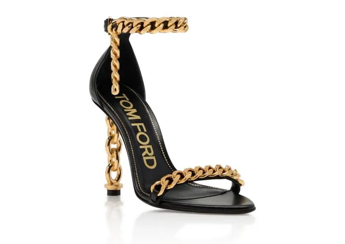Women Sandals Tom Ford Leather Chain Heel Ankle Strap Sandal Black Women Sandals Tom Ford Leather Chain Heel Ankle Strap Sandal Black