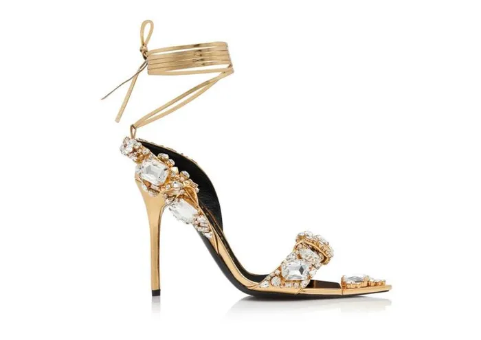 Women Sandals Tom Ford Mirror Leather And Crystal Stones Pointy Jewel Sandal Goldcrystal