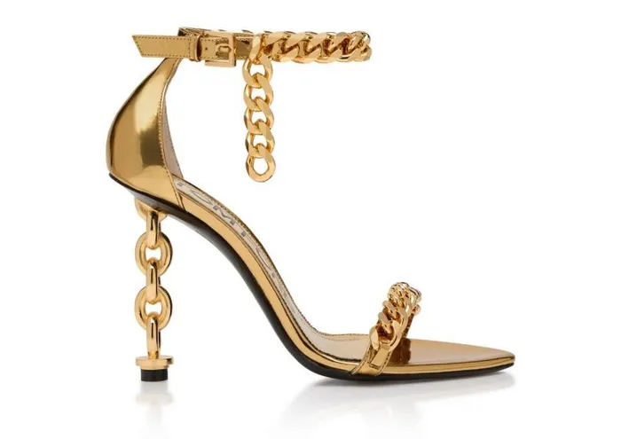 Women Sandals Tom Ford Mirror Leather Chain Heel Ankle Strap Sandal Gold